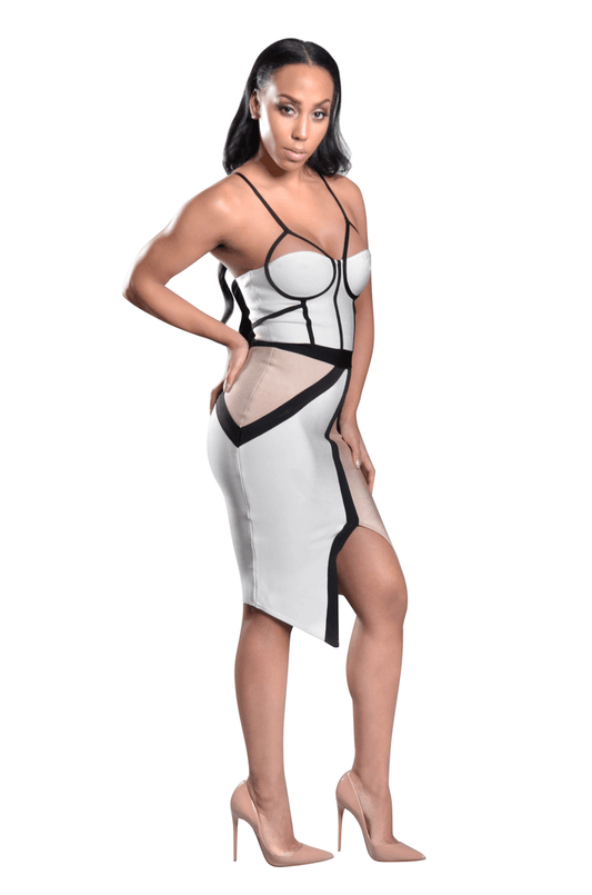 TALIA COLOR BLOCK ASYMMETRICAL BANDAGE DRESS