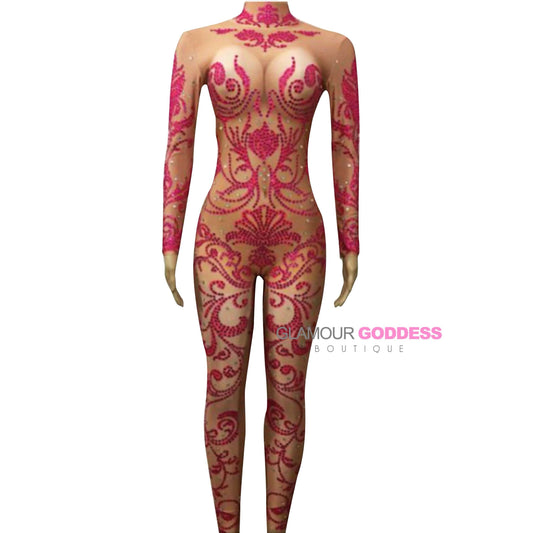 Tiki’ Pink Rhinestone Bodysuit
